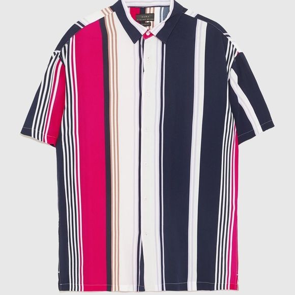 Zara Men's Relaxed Fit Short Sleeve Button Up Pink Blue Stripe Shirt Sz M NWT - Picture 14 of 16